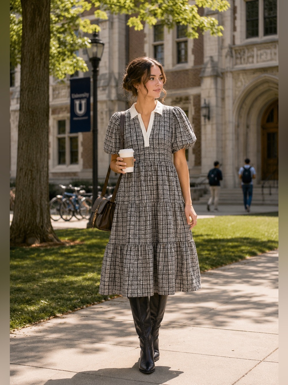 English Factory plaid A-line tiered midi dress
